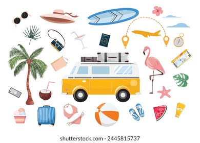 Summer vacation collection with van, flamingo and suitcase, perfect for creating your travel-themed designs. Stickers.
