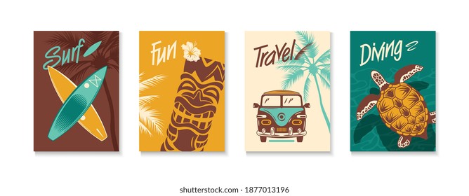 Summer vacation color poster set with surfboards travel bus tropical underwater animals hand drawn vector illustration