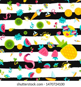 Summer vacation color seamless vector pattern. Holiday accessories. Stickers on striped background