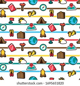 Summer vacation color seamless vector pattern. Tourism stickers. Hiking, camping striped background