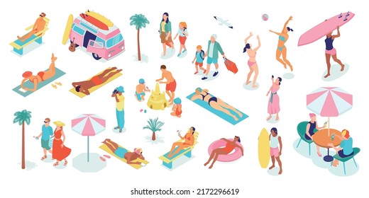 Colores de vacaciones de verano con símbolos de resort ilustración vectorial aislada isométrica