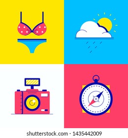 Summer vacation - colorful flat design style elements. High quality unusual collection of bright images. A swimsuit, camera, the sun and cloud, compass. Traveling, seasonal concept
