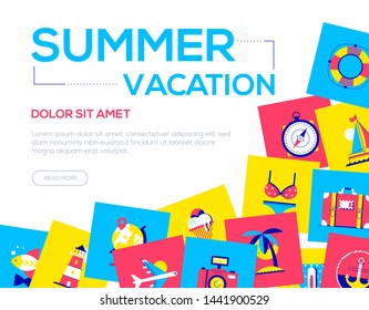 Summer vacation - colorful flat design style web banner with copy space for text. High quality composition with bright images, swimsuit, camera, lighthouse, baggage, ice cream, yacht. Traveling theme