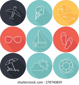 Summer vacation colorful icons set, flat design with long shadows