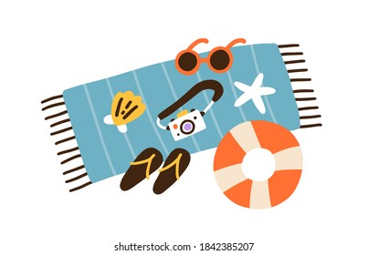 Summer vacation composition. Beach blanket or towel with sunglasses, camera, flip flops and rubber ring on it. Seasonal touristic things. Flat vector cartoon illustration isolated on white