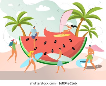 Summer vacation concept, active people with surfboards, huge watermelon slice on beach, vector illustration. Tiny men and women cartoon character in flat style, exotic leisure ocean, refreshing flavor