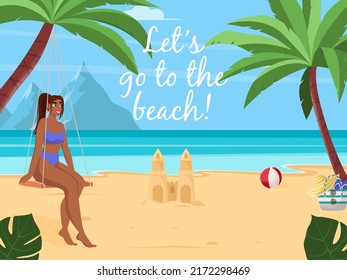 Summer vacation concept background. Beautiful summer beach landscape with sea, palm trees, sand castle. Girl is sitting on a swing. Flat vector illustration for poster, banner, flyer.