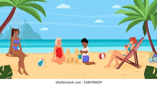 Summer vacation concept background. Beautiful summer beach landscape with sea, palm trees, sand castle. A girl is resting on a chaise longue, children are building a sand castle, a girl is sitting on
