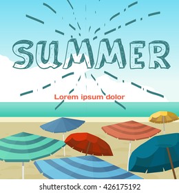 Summer vacation concept background. Sea landscape summer beach parasols, umbrellas. Beach in summer vacation background with space for text. Background on beach. Vector flat cartoon illustration