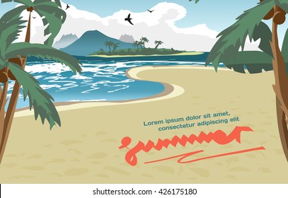 Summer vacation concept background with space for text. Vector cartoon flat illustration. Sea landscape summer beach, palms, sand. ?oastline stretches into distance with a sandy beach and palm trees