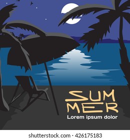 Summer vacation concept background with space for text. Vector cartoon flat illustration. Summer beach landscape at night. Silhouettes of palm trees, umbrella, chaise in moonlight. Lunar path on water