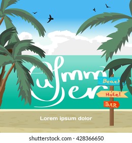 Summer vacation concept background with space for text. Wooden pointer among palm trees on the beach, hotel, in the bar. Summer signpost flat vector cartoon illustration on beach in summer vacation