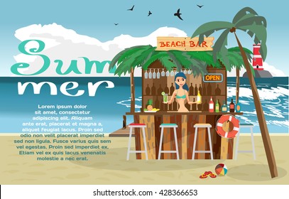 Summer vacation concept background with space for text. Vector cartoon flat illustration. Bar bungalows with bartender woman on the beach ocean coast. Relaxing at the beach bar, drinks, fruits