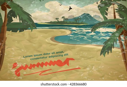 Summer vacation concept background with space for text in vintage style. Vector cartoon illustration. Sea landscape summer beach, palms, sand. ?oastline stretches into distance with a sandy beach