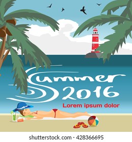 Summer vacation concept background with space for text. Woman sunbathes on the beach on sand. Sea landscape summer beach, lighthouse in the distance. Vector flat cartoon illustration