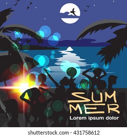 Summer vacation concept background with space for text. Summer beach at night. Silhouettes crowd women in bikinis, palm trees in moonlight. Lunar path on water. Vector cartoon flat illustration. 
