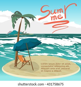 Summer vacation concept background with space for text. Vector cartoon flat illustration. Sea landscape summer beach on a small island, palms and a private beach.