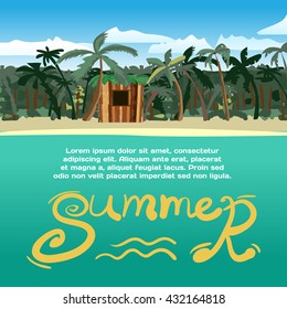 Summer vacation concept background with space for text. Sea landscape summer tropical beach with palm trees and a small wooden hut. Vector cartoon flat illustration. 