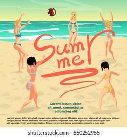 Summer vacation concept background with space for text. Women in bikini play beach volleyball standing in a circle. Flat cartoon vector illustration