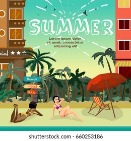 Summer vacation concept background with space for text. Tropical beach in the resort town with hotels. Women in a bikini sunbath on the beach. Flat vector cartoon illustration