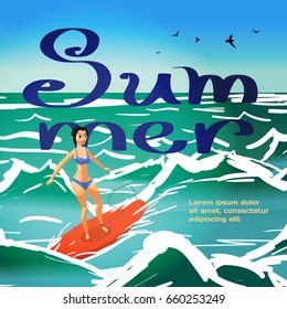 Summer vacation concept background with space for text. Young woman in bikini surfing on the wave. Vector flat cartoon illustration