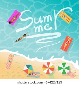 Summer vacation concept background with space for text. Young women in bikini sunbathe on sand and on a wooden pier, float on air mattresses on the beach. 