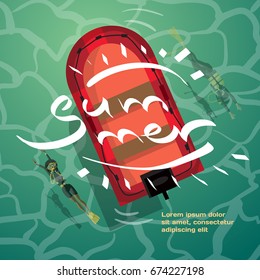 Summer vacation concept background with space for text. Young women scuba diver dives under the sea into the sea. 