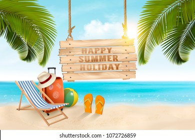Summer vacation concept background.  Travel items on the beach. Vector. 