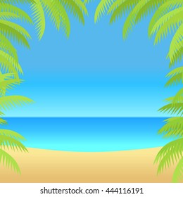 Summer vacation concept banner. Flat design vector illustration. Leisure on tropical sunny beach with palm trees. Ocean horizon background. Frame from palm branches on the sides.