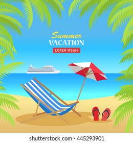 Summer vacation concept banner. Flat style design vector. Leisure on tropical sunny beach with palm trees. Beach chair, umbrella and palm trees with cruise ship on horizon illustration.