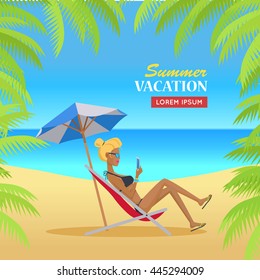 Summer vacation concept banner. Flat design vector illustration. Leisure on tropical sunny beach with palm trees. Ocean horizon background. Woman relaxing in the shade under umbrella. Online on trip.