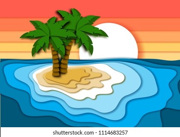 Summer vacation concept with  bright tropical island, sand beach, sea or ocean waves and sunset sky. Paper cut out style vector illustration.