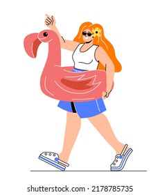 Concepto de vacaciones de verano. Una chica guapa con gafas de sol y boya de vida en forma de flamingo va a nadar en la piscina o en el mar. Viajes o turismo. Relájese en la playa. Dibujo vectorial plano de caricatura en estilo doodle