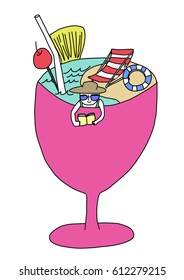 Summer vacation concept with cute girl taking a dip in cocktail glass which is portrayed the sea and reading book. Beach chair, life ring, item representing summer time are included in cocktail glass.