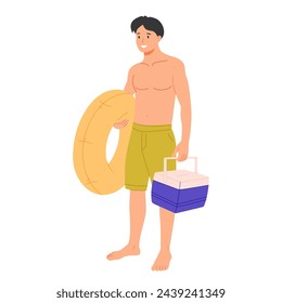 Summer vacation concept. A cute guy with a mini refrigerator and a lifebuoy swims in the pool or at sea. Travel or tourism. Relax on the beach. Cartoon flat vector illustration in doodle style