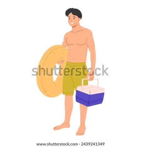 Summer vacation concept. A cute guy with a mini refrigerator and a lifebuoy swims in the pool or at sea. Travel or tourism. Relax on the beach. Cartoon flat vector illustration in doodle style