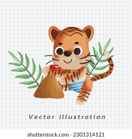 Summer vacation concept. Cute kawaii tiger playing sand on the beach, vector cartoon watercolor illustration. 