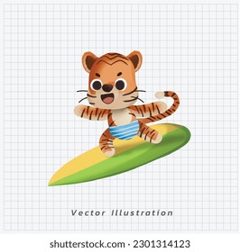 Summer vacation concept. Cute kawaii tiger surfer rides, vector cartoon watercolor illustration. 