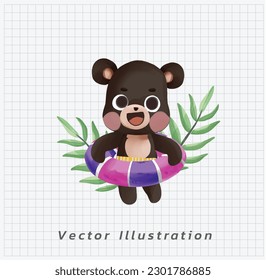 Summer vacation concept. Cute kawaii black bear with colorful lifebuoy .life ring .swin ring, vector cartoon watercolor illustration. 