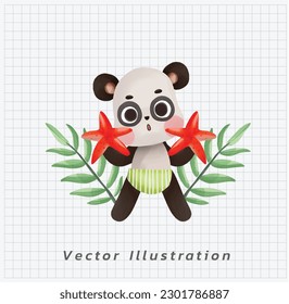 Summer vacation concept. Cute kawaii Panda with seastar star fish on the beach. vector cartoon watercolor illustration. 