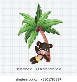 Summer vacation concept. Cute kawaii black bear chill under the coconut tree, vector cartoon watercolor illustration. 