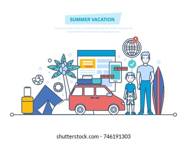 Summer vacation concept. Father and son are traveling on summer vacation, relaxing by sea, ride on boat. Hotel booking, payment, surfing, hiking, traveling by car. Illustration thin line design.