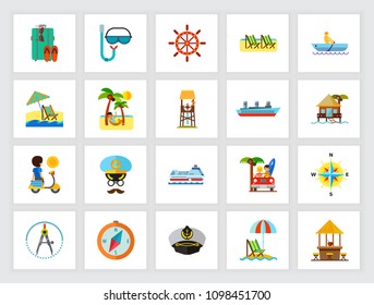 Summer vacation concept. Flat icon set. Summer resort, seaside, holiday. Can be used for topics like travel, tourism, recreation