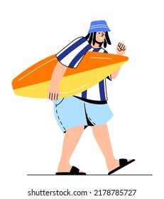 Summer vacation concept. Funny young guy holding board and going to beach to surf. Tourist resting on sea and conquers waves. Travel and activity. Cartoon flat vector illustration in doodle style