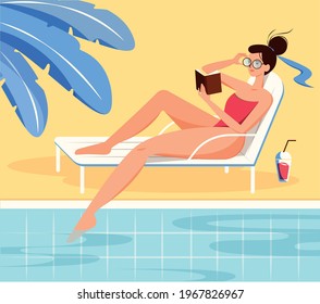 Summer vacation concept. Girl in a red swimsuit reading book by the swimming pool