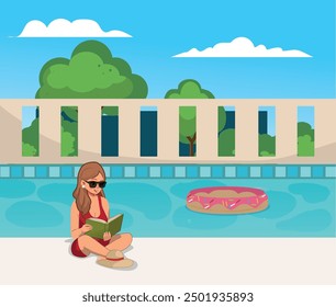 Summer vacation concept. Girl in a red swimsuit reading book by the swimming pool.