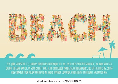 Summer vacation concept with group of people in beach lettering shape on sea sand background vector illustration