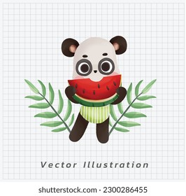 Summer vacation concept. Happy Cute kawaii Panda eating a big half piece of watermelon. vector cartoon watercolor illustration. 