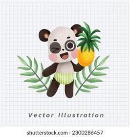 Summer vacation concept. Happy Cute kawaii Panda with pineapple. vector cartoon watercolor illustration. 