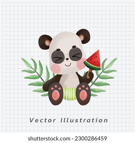 Summer vacation concept. Happy Cute kawaii Panda sitting on the beach and enjoy his watermelon popsicle. vector cartoon watercolor illustration. 